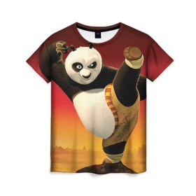 Женская футболка 3D с принтом Кунг фу панда в Новосибирске, 100% полиэфир ( синтетическое хлопкоподобное полотно) | прямой крой, круглый вырез горловины, длина до линии бедер | kung fu | kung fu panda | panda | кунг фу | кунг фу панда | кунгфу | панда. кунг фу | по