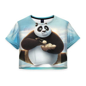 Женская футболка 3D укороченная с принтом Кунг фу панда в Новосибирске, 100% полиэстер | круглая горловина, длина футболки до линии талии, рукава с отворотами | панда