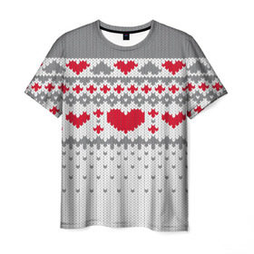 Мужская футболка 3D с принтом Сердечки в Новосибирске, 100% полиэфир | прямой крой, круглый вырез горловины, длина до линии бедер | вязанье | любовь | свитр | сердечки
