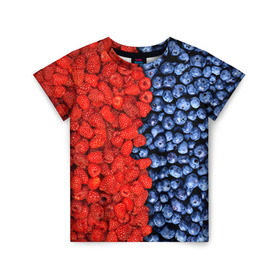Детская футболка 3D с принтом Ягодка в Новосибирске, 100% гипоаллергенный полиэфир | прямой крой, круглый вырез горловины, длина до линии бедер, чуть спущенное плечо, ткань немного тянется | клубника | малина | черника | ягода | ягодка | ягодный