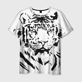 Мужская футболка 3D с принтом Тигр в Новосибирске, 100% полиэфир | прямой крой, круглый вырез горловины, длина до линии бедер | взгляд | тигр | трафарет | хищник