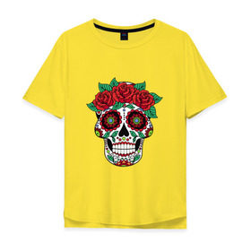 Мужская футболка хлопок Oversize с принтом Мексиканский череп для нее в Новосибирске, 100% хлопок | свободный крой, круглый ворот, “спинка” длиннее передней части | мексика | мексиканский череп calavera для неемексиканский череп calavera | череп