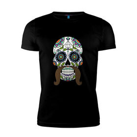 Мужская футболка премиум с принтом Мексиканский череп для него в Новосибирске, 92% хлопок, 8% лайкра | приталенный силуэт, круглый вырез ворота, длина до линии бедра, короткий рукав | Тематика изображения на принте: мексиканский череп  calavera для негомексика | мексиканский череп calavera | череп