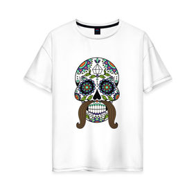 Женская футболка хлопок Oversize с принтом Мексиканский череп для него в Новосибирске, 100% хлопок | свободный крой, круглый ворот, спущенный рукав, длина до линии бедер
 | мексиканский череп  calavera для негомексика | мексиканский череп calavera | череп