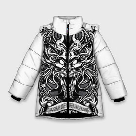 Зимняя куртка для девочек 3D с принтом Dragon в Новосибирске, ткань верха — 100% полиэстер; подклад — 100% полиэстер, утеплитель — 100% полиэстер. | длина ниже бедра, удлиненная спинка, воротник стойка и отстегивающийся капюшон. Есть боковые карманы с листочкой на кнопках, утяжки по низу изделия и внутренний карман на молнии. 

Предусмотрены светоотражающий принт на спинке, радужный светоотражающий элемент на пуллере молнии и на резинке для утяжки. | 
