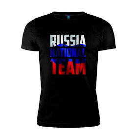Мужская футболка премиум с принтом Russia national team в Новосибирске, 92% хлопок, 8% лайкра | приталенный силуэт, круглый вырез ворота, длина до линии бедра, короткий рукав | россии | россия | сборная | футбол | хоккей