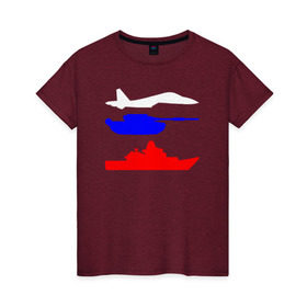 Женская футболка хлопок с принтом Флаг РФ (Военная техника) в Новосибирске, 100% хлопок | прямой крой, круглый вырез горловины, длина до линии бедер, слегка спущенное плечо | армия | корабль | рф | самолёт | танк | флаг | флаг рф (военная техника)россия