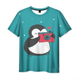 Мужская футболка 3D с принтом Пингвин с фотоаппаратом в Новосибирске, 100% полиэфир | прямой крой, круглый вырез горловины, длина до линии бедер | Тематика изображения на принте: 14 февраля | влюбленные | девушка | день святого валентина | любовь | пара | парень