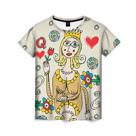 Женская футболка 3D с принтом Червовая дама в Новосибирске, 100% полиэфир ( синтетическое хлопкоподобное полотно) | прямой крой, круглый вырез горловины, длина до линии бедер | 14 февраля | love | влюбленные | карты | королева | король | лав | любовь | пара | парные | подарок