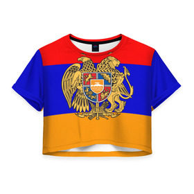 Женская футболка 3D укороченная с принтом Герб и флаг Армении в Новосибирске, 100% полиэстер | круглая горловина, длина футболки до линии талии, рукава с отворотами | armenia | армения | герб | флаг