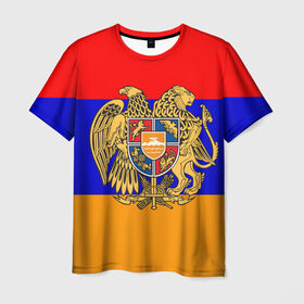 Мужская футболка 3D с принтом Герб и флаг Армении в Новосибирске, 100% полиэфир | прямой крой, круглый вырез горловины, длина до линии бедер | Тематика изображения на принте: armenia | армения | герб | флаг