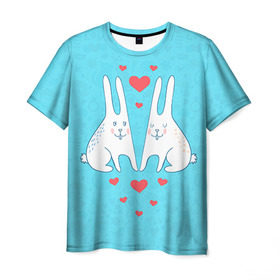 Мужская футболка 3D с принтом Зай и зая в Новосибирске, 100% полиэфир | прямой крой, круглый вырез горловины, длина до линии бедер | 14 февраля | bear | love | teddy | валентин | влюбленный | зайчик | зая | заяц | любовь | милый | рисунок | сердечко | сердце