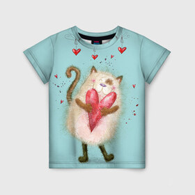 Детская футболка 3D с принтом Котик в Новосибирске, 100% гипоаллергенный полиэфир | прямой крой, круглый вырез горловины, длина до линии бедер, чуть спущенное плечо, ткань немного тянется | 14 февраля | bear | love | teddy | валентин | влюбленный | киска | кот | котик | любовь | милый | рисунок | сердечко | сердце