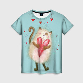 Женская футболка 3D с принтом Котик в Новосибирске, 100% полиэфир ( синтетическое хлопкоподобное полотно) | прямой крой, круглый вырез горловины, длина до линии бедер | 14 февраля | bear | love | teddy | валентин | влюбленный | киска | кот | котик | любовь | милый | рисунок | сердечко | сердце