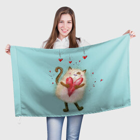 Флаг 3D с принтом Котик в Новосибирске, 100% полиэстер | плотность ткани — 95 г/м2, размер — 67 х 109 см. Принт наносится с одной стороны | 14 февраля | bear | love | teddy | валентин | влюбленный | киска | кот | котик | любовь | милый | рисунок | сердечко | сердце