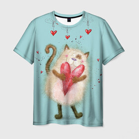Мужская футболка 3D с принтом Котик в Новосибирске, 100% полиэфир | прямой крой, круглый вырез горловины, длина до линии бедер | 14 февраля | bear | love | teddy | валентин | влюбленный | киска | кот | котик | любовь | милый | рисунок | сердечко | сердце