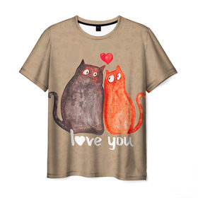Мужская футболка 3D с принтом Влюбленные котики в Новосибирске, 100% полиэфир | прямой крой, круглый вырез горловины, длина до линии бедер | 14 февраля | bear | love | teddy | валентин | влюбленный | киска | кот | котик | любовь | милый | рисунок | сердечко | сердце