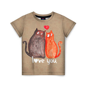 Детская футболка 3D с принтом Влюбленные котики в Новосибирске, 100% гипоаллергенный полиэфир | прямой крой, круглый вырез горловины, длина до линии бедер, чуть спущенное плечо, ткань немного тянется | 14 февраля | bear | love | teddy | валентин | влюбленный | киска | кот | котик | любовь | милый | рисунок | сердечко | сердце