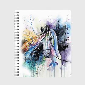 Тетрадь с принтом Лошадь Арт 3 в Новосибирске, 100% бумага | 48 листов, плотность листов — 60 г/м2, плотность картонной обложки — 250 г/м2. Листы скреплены сбоку удобной пружинной спиралью. Уголки страниц и обложки скругленные. Цвет линий — светло-серый
 | horse | horseshoe | акварель | головалошади | грива | жеребец | животные | конь | лошадь | лошадьскрыльями | подкова | природа | рисуноккрасками