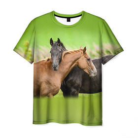 Мужская футболка 3D с принтом Лошади 2 в Новосибирске, 100% полиэфир | прямой крой, круглый вырез горловины, длина до линии бедер | horse | horseshoe | акварель | головалошади | грива | единорог | жеребец | животные | конь | лошадь | лошадьскрыльями | подкова | природа | рисуноккрасками