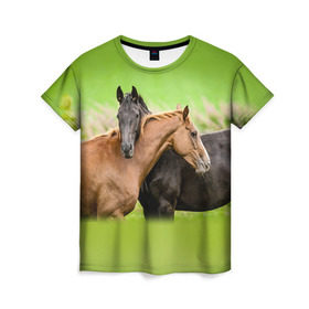 Женская футболка 3D с принтом Лошади 2 в Новосибирске, 100% полиэфир ( синтетическое хлопкоподобное полотно) | прямой крой, круглый вырез горловины, длина до линии бедер | horse | horseshoe | акварель | головалошади | грива | единорог | жеребец | животные | конь | лошадь | лошадьскрыльями | подкова | природа | рисуноккрасками