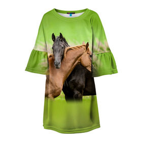 Детское платье 3D с принтом Лошади 2 в Новосибирске, 100% полиэстер | прямой силуэт, чуть расширенный к низу. Круглая горловина, на рукавах — воланы | horse | horseshoe | акварель | головалошади | грива | единорог | жеребец | животные | конь | лошадь | лошадьскрыльями | подкова | природа | рисуноккрасками