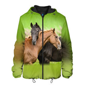 Мужская куртка 3D с принтом Лошади 2 в Новосибирске, ткань верха — 100% полиэстер, подклад — флис | прямой крой, подол и капюшон оформлены резинкой с фиксаторами, два кармана без застежек по бокам, один большой потайной карман на груди. Карман на груди застегивается на липучку | Тематика изображения на принте: horse | horseshoe | акварель | головалошади | грива | единорог | жеребец | животные | конь | лошадь | лошадьскрыльями | подкова | природа | рисуноккрасками