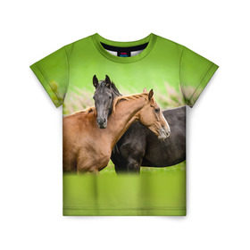 Детская футболка 3D с принтом Лошади 2 в Новосибирске, 100% гипоаллергенный полиэфир | прямой крой, круглый вырез горловины, длина до линии бедер, чуть спущенное плечо, ткань немного тянется | horse | horseshoe | акварель | головалошади | грива | единорог | жеребец | животные | конь | лошадь | лошадьскрыльями | подкова | природа | рисуноккрасками