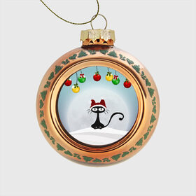 Стеклянный ёлочный шар с принтом Кошка с шапкой в Новосибирске, Стекло | Диаметр: 80 мм | Тематика изображения на принте: black | cat | toy | елочный шар | кот | кошка | черный | шар