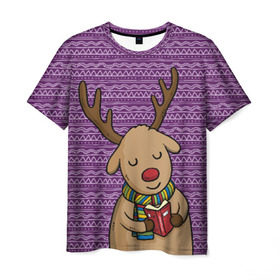 Мужская футболка 3D с принтом Счастливый олень в Новосибирске, 100% полиэфир | прямой крой, круглый вырез горловины, длина до линии бедер | зима | новый год | олень | подарки