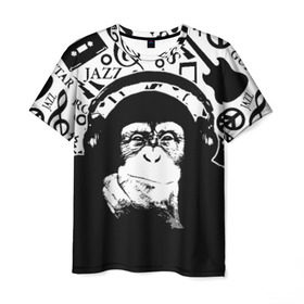 Мужская футболка 3D с принтом Шимпанзе в наушниках в Новосибирске, 100% полиэфир | прямой крой, круглый вырез горловины, длина до линии бедер | Тематика изображения на принте: джаз | музыка | обезьяна | рок | шимпанзе в наущниках