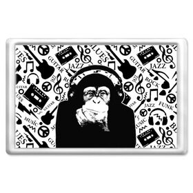 Магнит 45*70 с принтом Шимпанзе в наушниках в Новосибирске, Пластик | Размер: 78*52 мм; Размер печати: 70*45 | джаз | музыка | обезьяна | рок | шимпанзе в наущниках