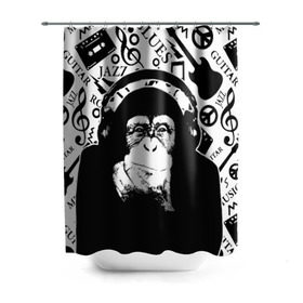 Штора 3D для ванной с принтом Шимпанзе в наушниках в Новосибирске, 100% полиэстер | плотность материала — 100 г/м2. Стандартный размер — 146 см х 180 см. По верхнему краю — пластиковые люверсы для креплений. В комплекте 10 пластиковых колец | джаз | музыка | обезьяна | рок | шимпанзе в наущниках