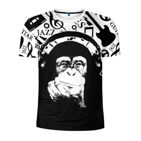 Мужская футболка 3D спортивная с принтом Шимпанзе в наушниках в Новосибирске, 100% полиэстер с улучшенными характеристиками | приталенный силуэт, круглая горловина, широкие плечи, сужается к линии бедра | джаз | музыка | обезьяна | рок | шимпанзе в наущниках