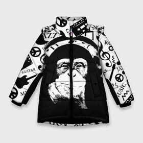 Зимняя куртка для девочек 3D с принтом Шимпанзе в наушниках в Новосибирске, ткань верха — 100% полиэстер; подклад — 100% полиэстер, утеплитель — 100% полиэстер. | длина ниже бедра, удлиненная спинка, воротник стойка и отстегивающийся капюшон. Есть боковые карманы с листочкой на кнопках, утяжки по низу изделия и внутренний карман на молнии. 

Предусмотрены светоотражающий принт на спинке, радужный светоотражающий элемент на пуллере молнии и на резинке для утяжки. | джаз | музыка | обезьяна | рок | шимпанзе в наущниках