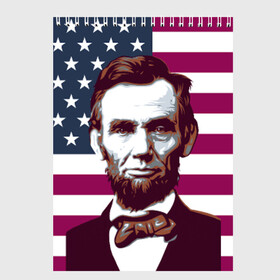 Скетчбук с принтом Авраам Линкольн в Новосибирске, 100% бумага
 | 48 листов, плотность листов — 100 г/м2, плотность картонной обложки — 250 г/м2. Листы скреплены сверху удобной пружинной спиралью | авраам линкольн | президент | сша | флаг