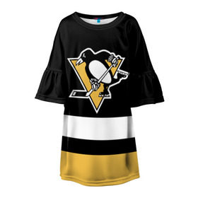 Детское платье 3D с принтом Pittsburgh Penguins в Новосибирске, 100% полиэстер | прямой силуэт, чуть расширенный к низу. Круглая горловина, на рукавах — воланы | Тематика изображения на принте: hockey | nhl | pittsburgh penguins | нхл | хоккей
