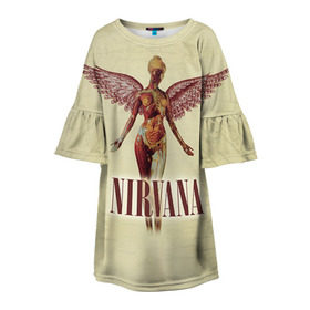 Детское платье 3D с принтом Nirvana в Новосибирске, 100% полиэстер | прямой силуэт, чуть расширенный к низу. Круглая горловина, на рукавах — воланы | Тематика изображения на принте: cobain | curt | nirvana | rock | группа | кобейн | курт | нирвана | рок