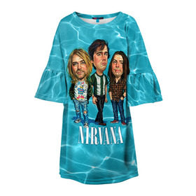 Детское платье 3D с принтом Шаржи группа Nirvana в Новосибирске, 100% полиэстер | прямой силуэт, чуть расширенный к низу. Круглая горловина, на рукавах — воланы | cobain | curt | nirvana | rock | группа | кобейн | курт | нирвана | рок