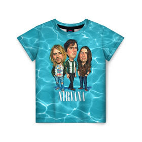 Детская футболка 3D с принтом Шаржи группа Nirvana в Новосибирске, 100% гипоаллергенный полиэфир | прямой крой, круглый вырез горловины, длина до линии бедер, чуть спущенное плечо, ткань немного тянется | Тематика изображения на принте: cobain | curt | nirvana | rock | группа | кобейн | курт | нирвана | рок
