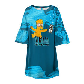 Детское платье 3D с принтом Nirvana & Simpson в Новосибирске, 100% полиэстер | прямой силуэт, чуть расширенный к низу. Круглая горловина, на рукавах — воланы | Тематика изображения на принте: cobain | curt | nirvana | rock | группа | кобейн | курт | нирвана | рок