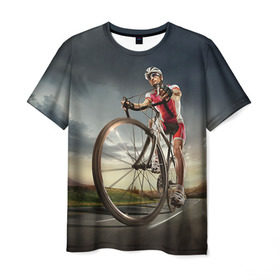 Мужская футболка 3D с принтом Велогонщик в Новосибирске, 100% полиэфир | прямой крой, круглый вырез горловины, длина до линии бедер | Тематика изображения на принте: extreme | вело | велосипед | шоссейный велосипед | экстрим