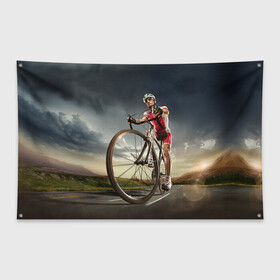 Флаг-баннер с принтом Велогонщик в Новосибирске, 100% полиэстер | размер 67 х 109 см, плотность ткани — 95 г/м2; по краям флага есть четыре люверса для крепления | extreme | вело | велосипед | шоссейный велосипед | экстрим