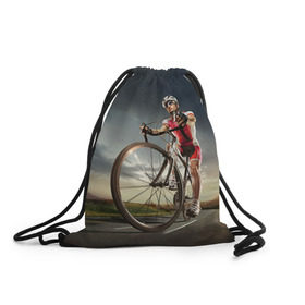 Рюкзак-мешок 3D с принтом Велогонщик в Новосибирске, 100% полиэстер | плотность ткани — 200 г/м2, размер — 35 х 45 см; лямки — толстые шнурки, застежка на шнуровке, без карманов и подкладки | extreme | вело | велосипед | шоссейный велосипед | экстрим