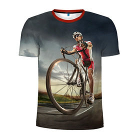 Мужская футболка 3D спортивная с принтом Велогонщик в Новосибирске, 100% полиэстер с улучшенными характеристиками | приталенный силуэт, круглая горловина, широкие плечи, сужается к линии бедра | Тематика изображения на принте: extreme | вело | велосипед | шоссейный велосипед | экстрим