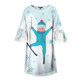 Детское платье 3D с принтом Лыжник в Новосибирске, 100% полиэстер | прямой силуэт, чуть расширенный к низу. Круглая горловина, на рукавах — воланы | extreme | ski | skiing | горнолыжное | горные лыжи | лыжник | фристайл | экстрим