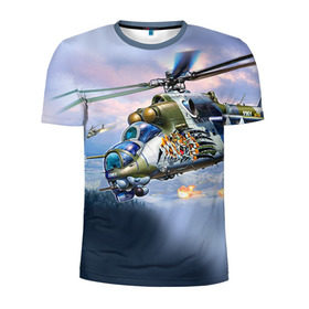 Мужская футболка 3D спортивная с принтом МИ 24 в Новосибирске, 100% полиэстер с улучшенными характеристиками | приталенный силуэт, круглая горловина, широкие плечи, сужается к линии бедра | авиация | армия | боевой | ввс | вертолет | военная техника | крокодил | ми 24 | ударный