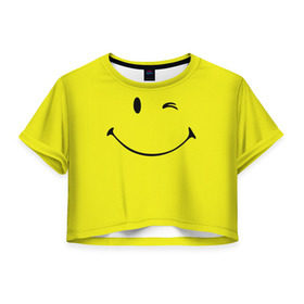 Женская футболка 3D укороченная с принтом Смайл в Новосибирске, 100% полиэстер | круглая горловина, длина футболки до линии талии, рукава с отворотами | emoji | smile | жёлтый | смайл | смайлик | улыбка | эмодзи | эмоции