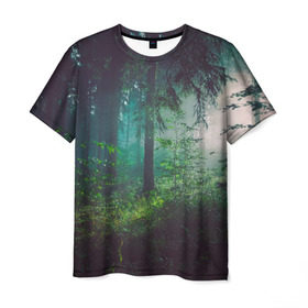 Мужская футболка 3D с принтом Таинственный лес в Новосибирске, 100% полиэфир | прямой крой, круглый вырез горловины, длина до линии бедер | деревья | зелень | на макете изображен таинственный зеленый леслес