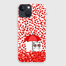 Чехол для iPhone 13 mini с принтом Сердцепад в Новосибирске,  |  | зонтик | кот | сердитый | сердца | сердцепад